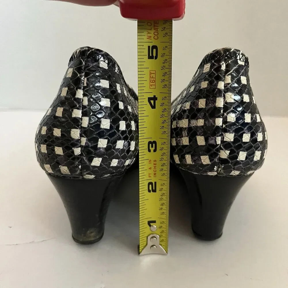 Cole Haan Gingham Bow Women's Black Leather Wedge Pin Up Heel Sandals SZ 8 B